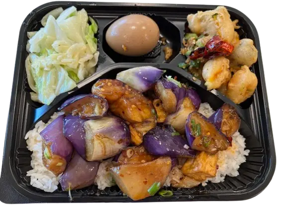 Szechuan Eggplant with Fried Tofu Bento